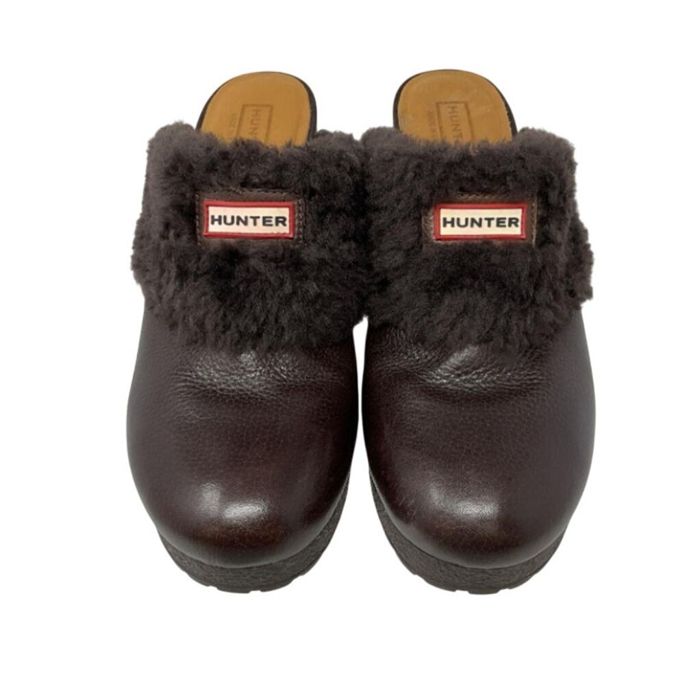 Hunter Bruson Chocolate Brown Leather Shearling Clog Mules 9 Platform Heel